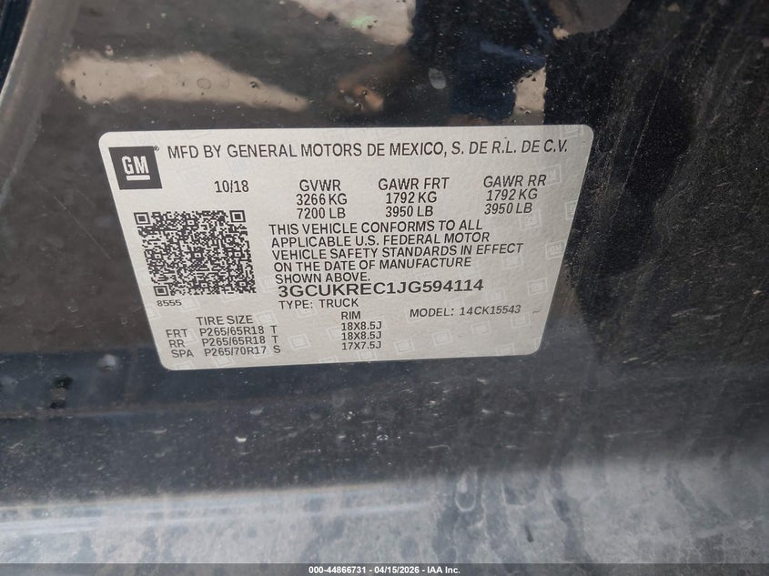 2018 Chevrolet Silverado 1500 2Lt VIN: 3GCUKREC1JG594114 Lot: 44866731