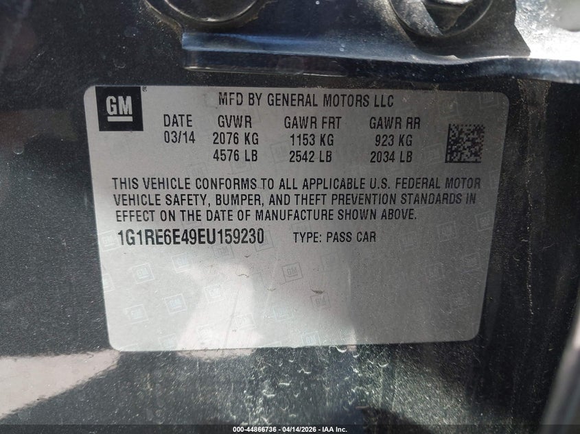 2014 Chevrolet Volt VIN: 1G1RE6E49EU159230 Lot: 44866736