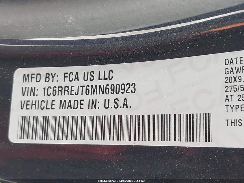 2021 Ram 1500 Laramie 4X2 5'7 Box VIN: 1C6RREJT6MN690923 Lot: 44866743