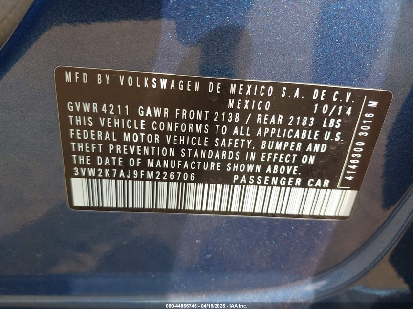 2015 Volkswagen Jetta 2.0L S VIN: 3VW2K7AJ9FM226706 Lot: 44866746