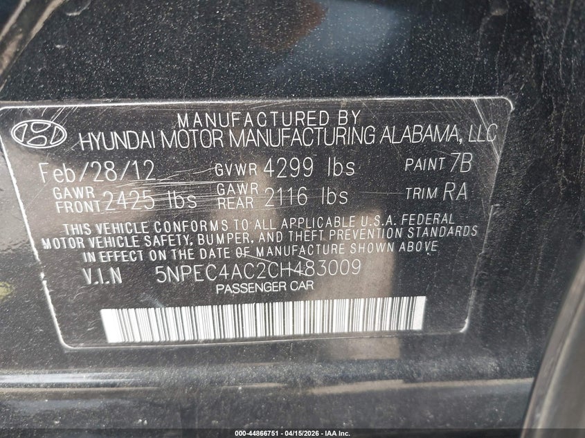 2012 Hyundai Sonata Limited VIN: 5NPEC4AC2CH483009 Lot: 44866751