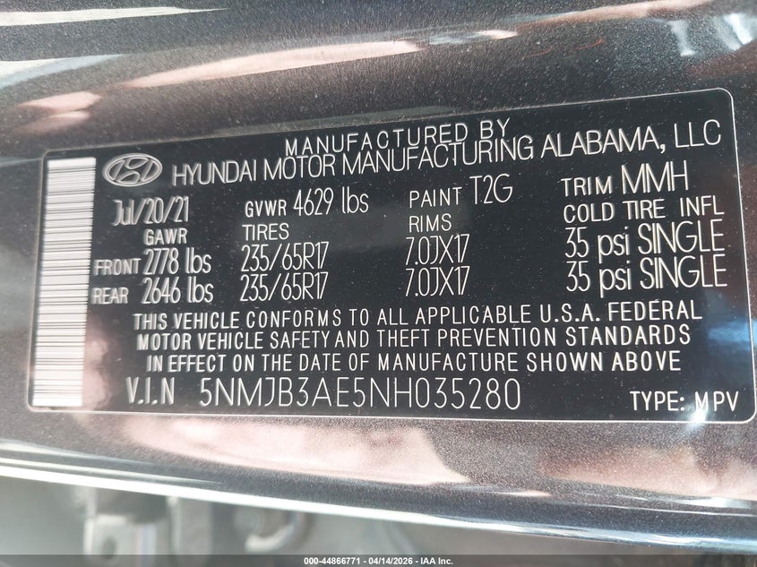 2022 Hyundai Tucson Sel VIN: 5NMJB3AE5NH035280 Lot: 44866771