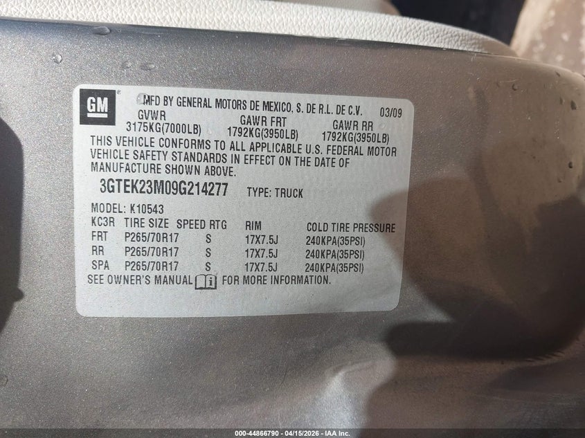 2009 GMC Sierra 1500 Sle VIN: 3GTEK23M09G214277 Lot: 44866790