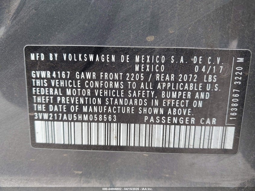 2017 Volkswagen Golf Tsi S 4-Door/Tsi Se 4-Door/Tsi Sel 4-Door/Tsi Wolfsburg Edition 4-Door VIN: 3VW217AU5HM058563 Lot: 44866802