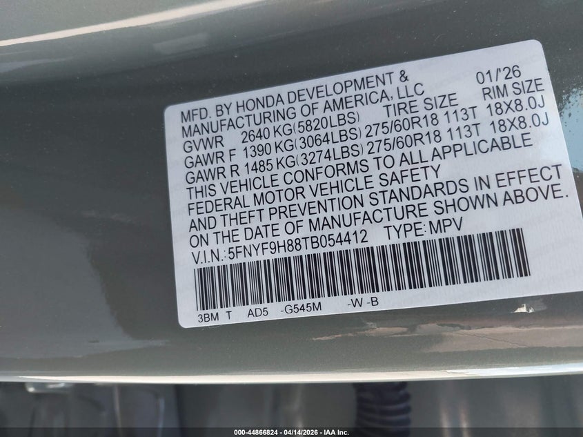 2026 Honda Passport Awd Trailsport Elite/Awd Trailsport Elite Blackout VIN: 5FNYF9H88TB054412 Lot: 44866824
