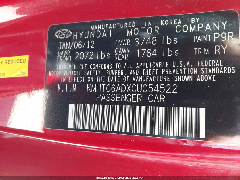 2012 Hyundai Veloster Base W/Gray VIN: KMHTC6ADXCU054522 Lot: 44866832