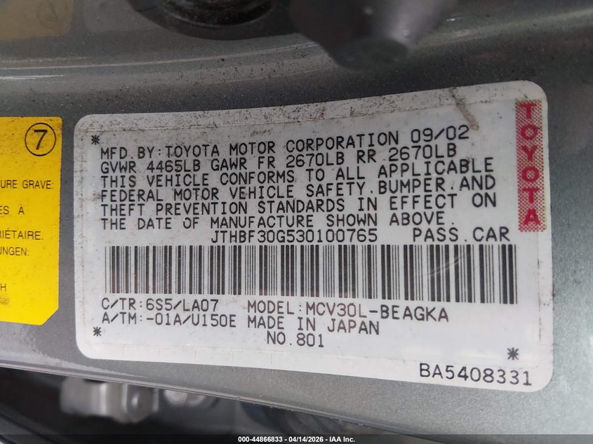 2003 Lexus Es 300 VIN: JTHBF30G530100765 Lot: 44866833