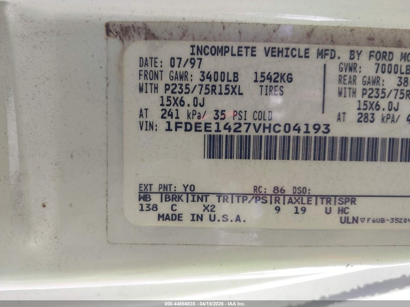 1997 Ford E-150 Standard VIN: 1FDEE1427VHC04193 Lot: 44866835