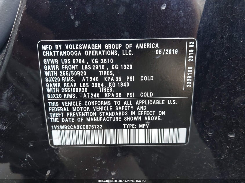 2019 Volkswagen Atlas 3.6L V6 Se W/Technology VIN: 1V2WR2CA3KC576732 Lot: 44866850