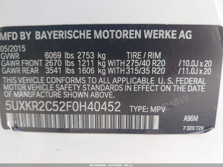 2015 BMW X5 Sdrive35I VIN: 5UXKR2C52F0H40452 Lot: 44866862