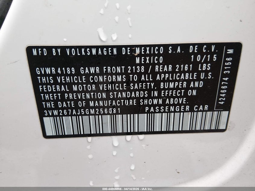 2016 Volkswagen Jetta 1.4T S VIN: 3VW267AJ5GM256081 Lot: 44866866