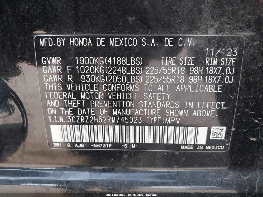 VIN 3CZRZ2H52RM745023 2024 HONDA HR-V AWD SPORT/AWD SPORT W/O BSI