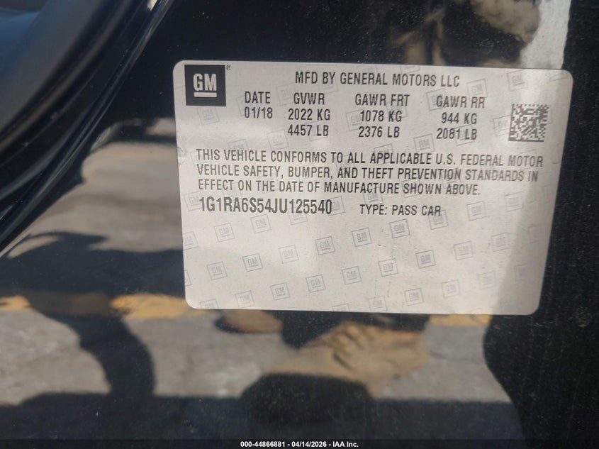 2018 Chevrolet Volt Lt VIN: 1G1RA6S54JU125540 Lot: 44866881