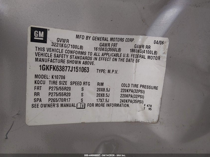 2007 GMC Yukon Denali VIN: 1GKFK63877J151063 Lot: 44866897
