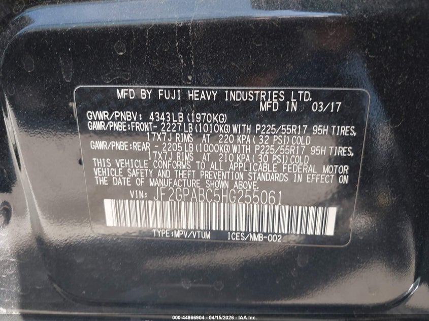 2017 Subaru Crosstrek 2.0I Premium VIN: JF2GPABC5HG255061 Lot: 44866904