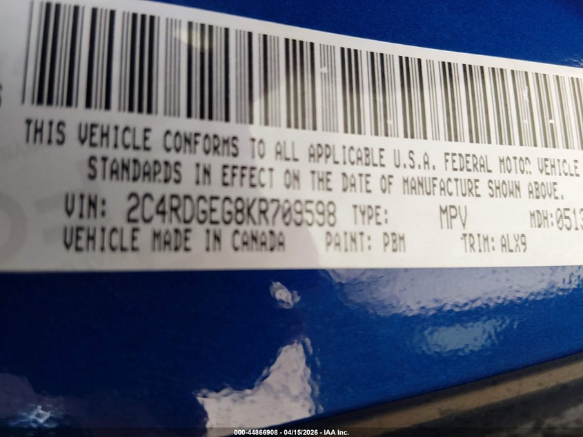 2019 Dodge Grand Caravan Gt VIN: 2C4RDGEG8KR709598 Lot: 44866908