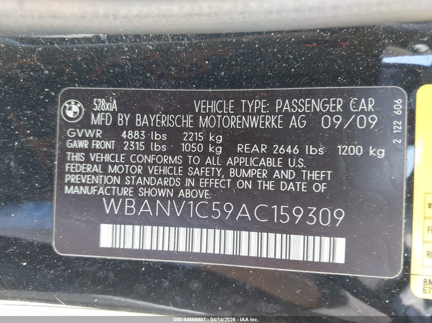 2010 BMW 528I xDrive VIN: WBANV1C59AC159309 Lot: 44866907