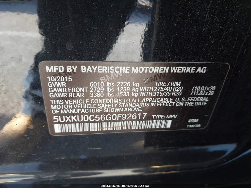 2016 BMW X6 Sdrive35I VIN: 5UXKU0C56G0F92617 Lot: 44866916