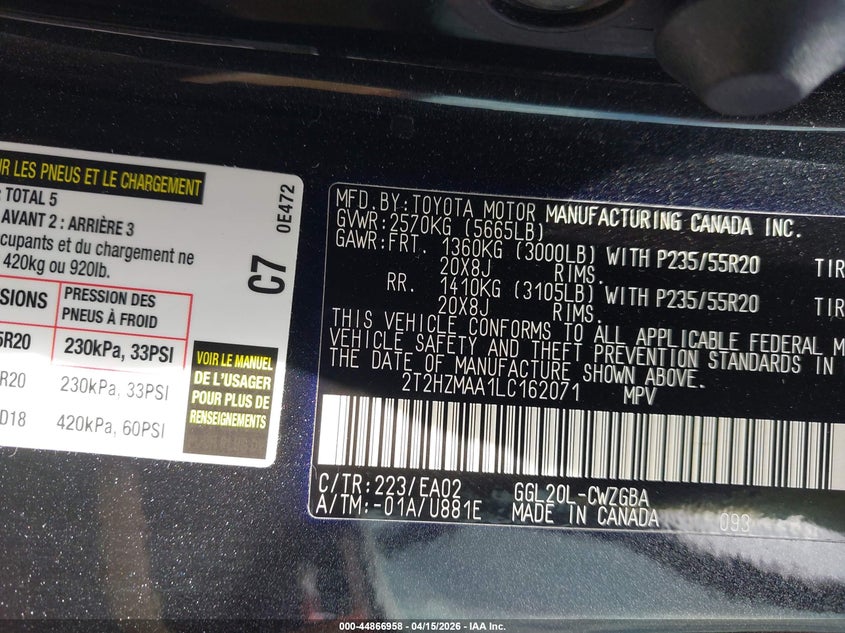 2020 Lexus Rx 350 VIN: 2T2HZMAA1LC162071 Lot: 44866958