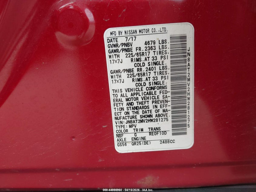 2017 Nissan Rogue Sv VIN: JN8AT2MV2HW281275 Lot: 44866960