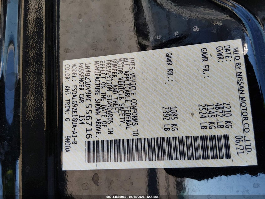 2021 Nissan Leaf Sl Plus 62 Kwh VIN: 1N4BZ1DV9MC556716 Lot: 44866969