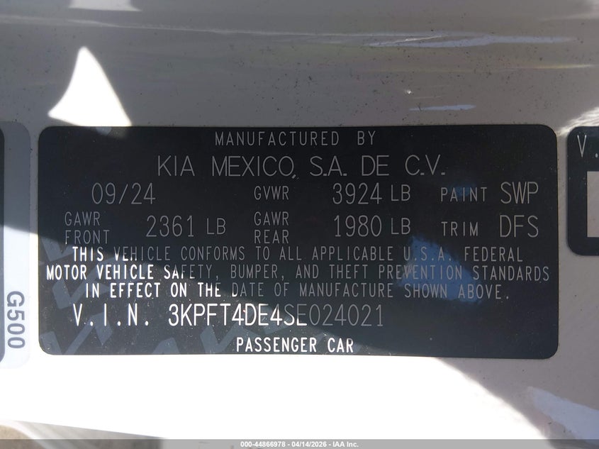 2025 Kia K4 Lxs VIN: 3KPFT4DE4SE024021 Lot: 44866978
