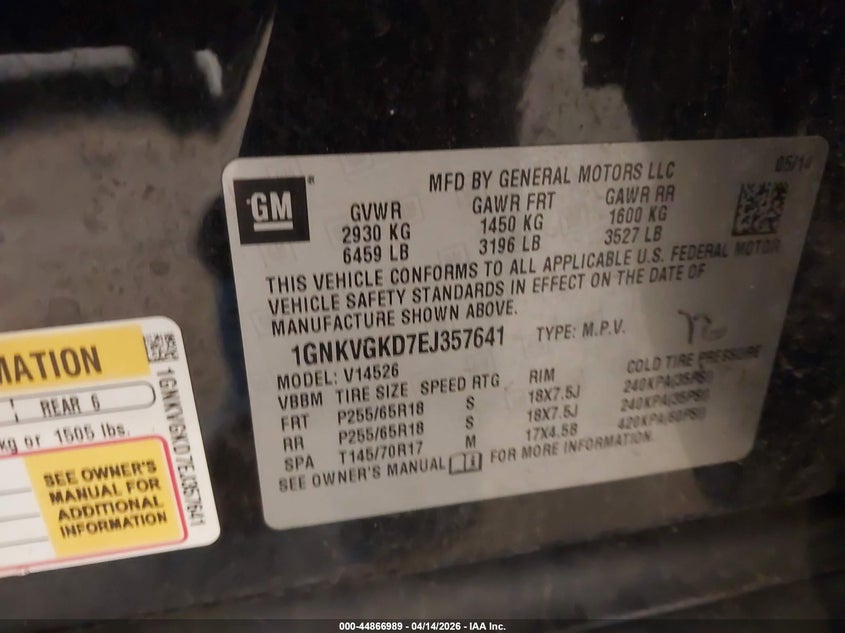 2014 Chevrolet Traverse 1Lt VIN: 1GNKVGKD7EJ357641 Lot: 44866989