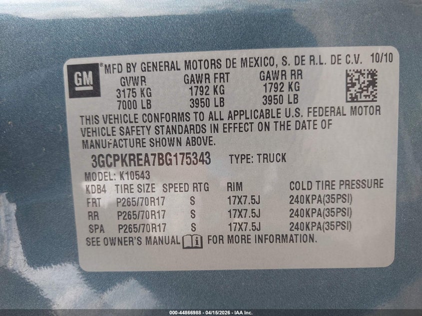 2011 Chevrolet Silverado 1500 Ls VIN: 3GCPKREA7BG175343 Lot: 44866988