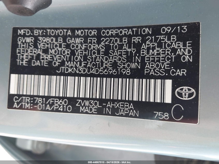 2013 Toyota Prius Two VIN: JTDKN3DU4D5696198 Lot: 44867010