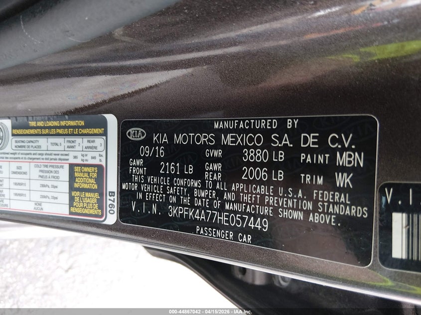 2017 Kia Forte Lx VIN: 3KPFK4A77HE057449 Lot: 44867042