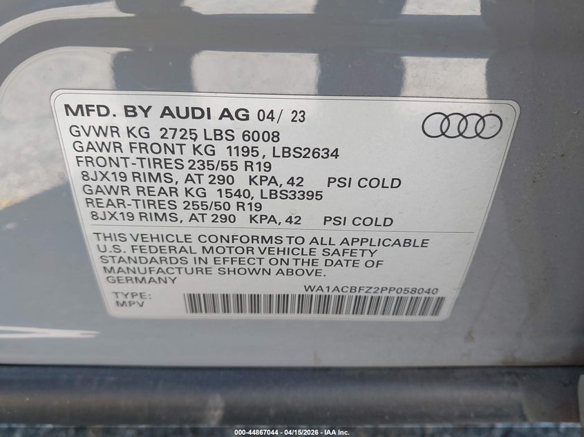 2023 Audi Q4 e-tron Q4 E-Tron Premium 40 Rwd grey Lot 111044867044 Vin WA1ACBFZ2PP058040