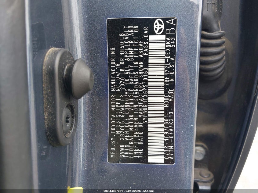 2016 Toyota Corolla Le VIN: 5YFBURHEXGP510163 Lot: 44867051