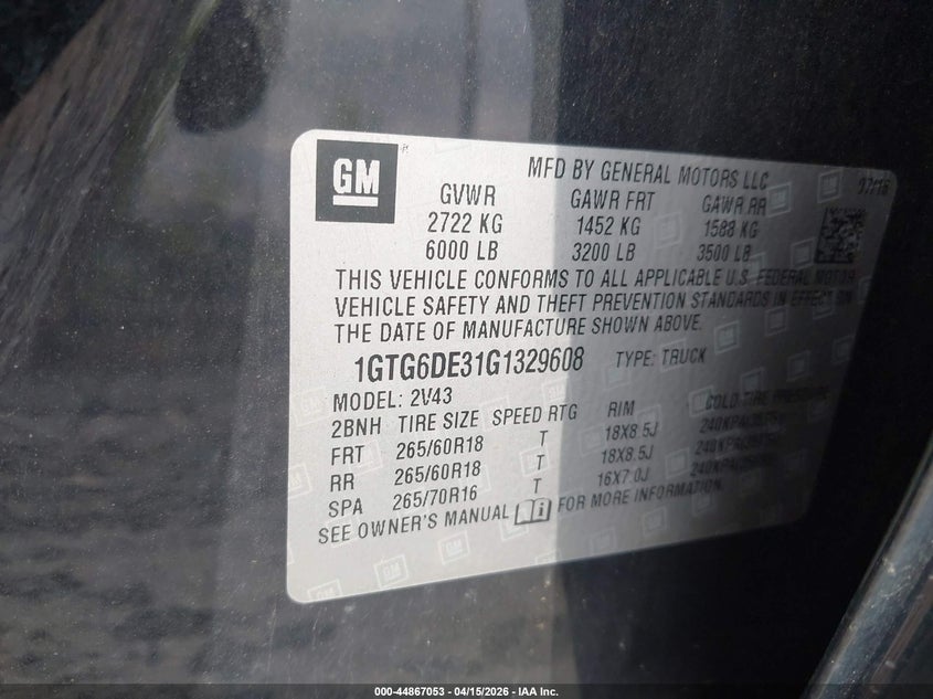 2016 GMC Canyon Slt VIN: 1GTG6DE31G1329608 Lot: 44867053