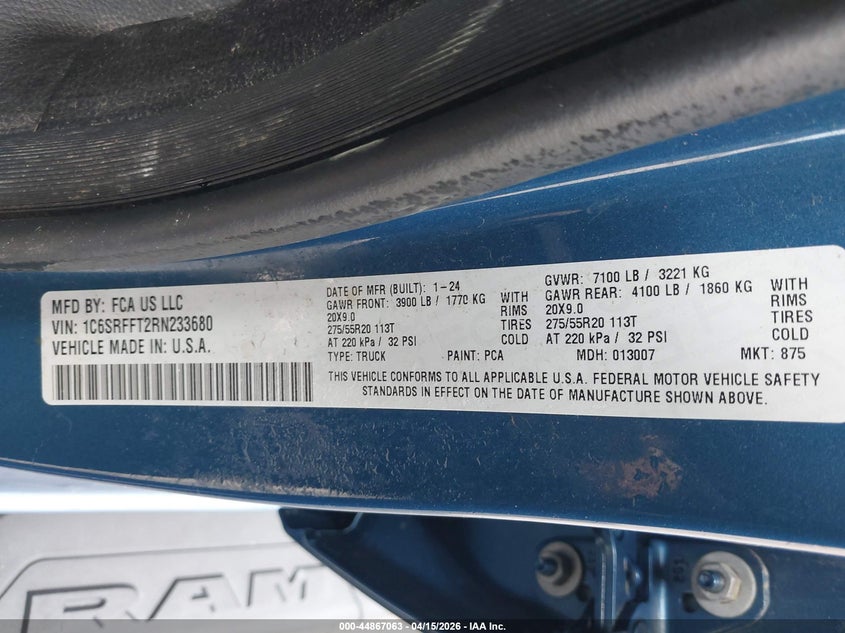 1C6SRFFT2RN233680 2024 Ram 1500 5.7 Ram Big Horn 4X4 5'7 Box blue