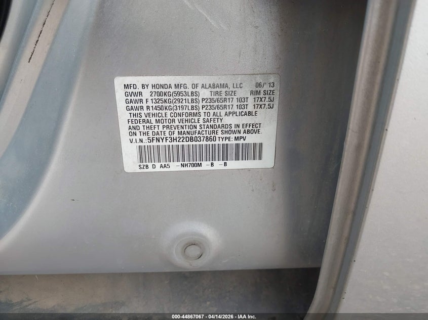 2013 Honda Pilot Lx VIN: 5FNYF3H22DB037860 Lot: 44867067