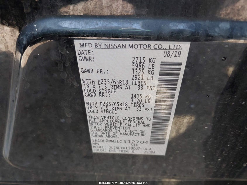 2020 Infiniti Qx60 Luxe Awd VIN: 5N1DL0MM2LC512704 Lot: 44867071