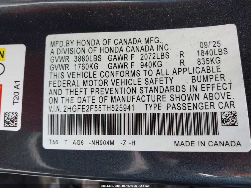 2026 Honda Civic 2.0 Sport grey Lot 111044867080 Vin 2HGFE2F55TH525941
