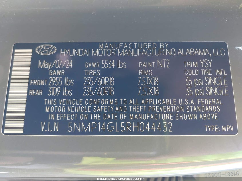 2024 Hyundai Santa Fe Se VIN: 5NMP14GL5RH044432 Lot: 44867082