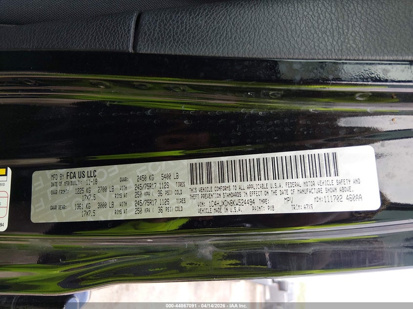 2019 Jeep Wrangler Unlimited Sport S 4X4 VIN: 1C4HJXDN8KW524494 Lot: 44867091