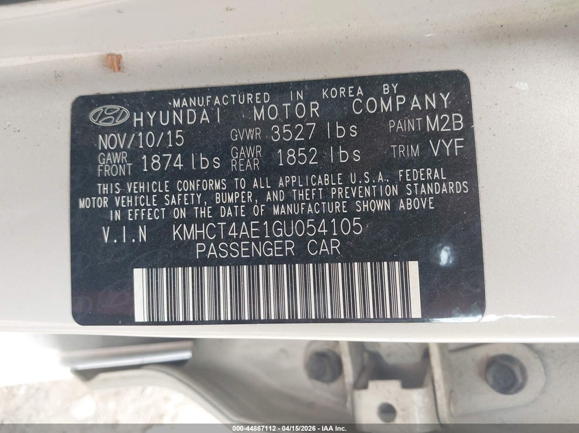 2016 Hyundai Accent Se VIN: KMHCT4AE1GU054105 Lot: 44867112