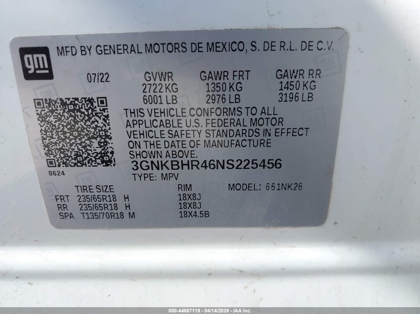 2022 Chevrolet Blazer Awd 2Lt VIN: 3GNKBHR46NS225456 Lot: 44867119