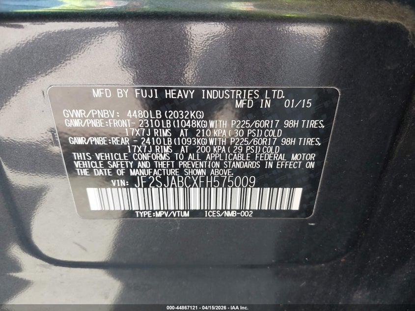2015 Subaru Forester 2.5I VIN: JF2SJABCXFH575009 Lot: 44867121