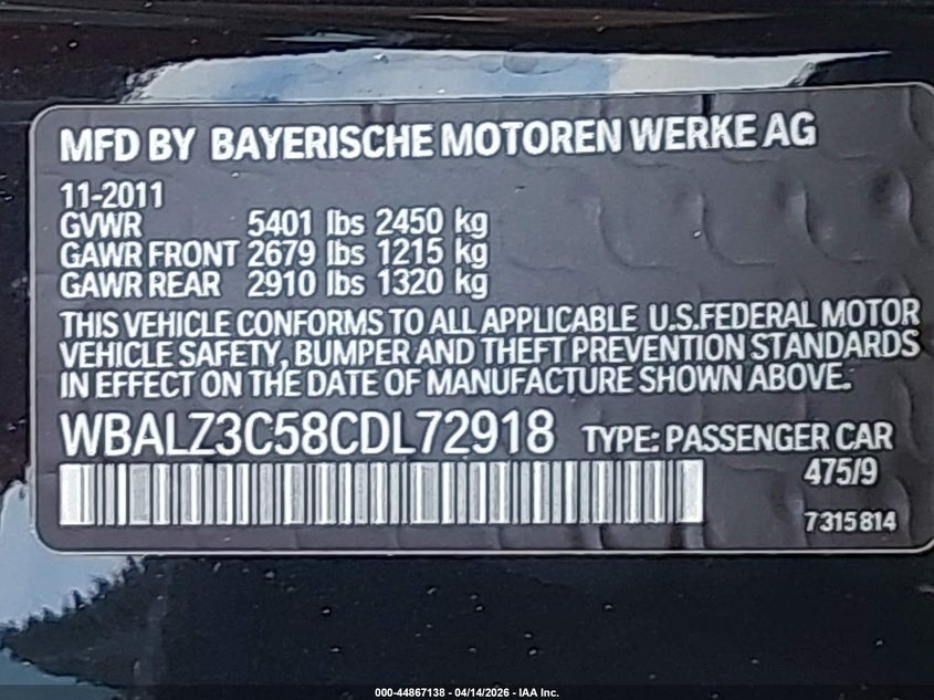 2012 BMW 650I VIN: WBALZ3C58CDL72918 Lot: 44867138