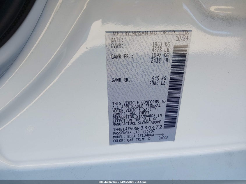 2025 Nissan Altima Sl Fwd VIN: 1N4BL4EV0SN334472 Lot: 44867142