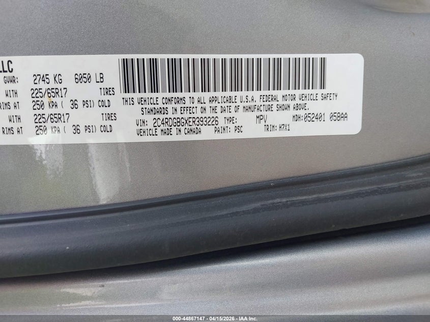 2014 Dodge Grand Caravan Se VIN: 2C4RDGBGXER393226 Lot: 44867147