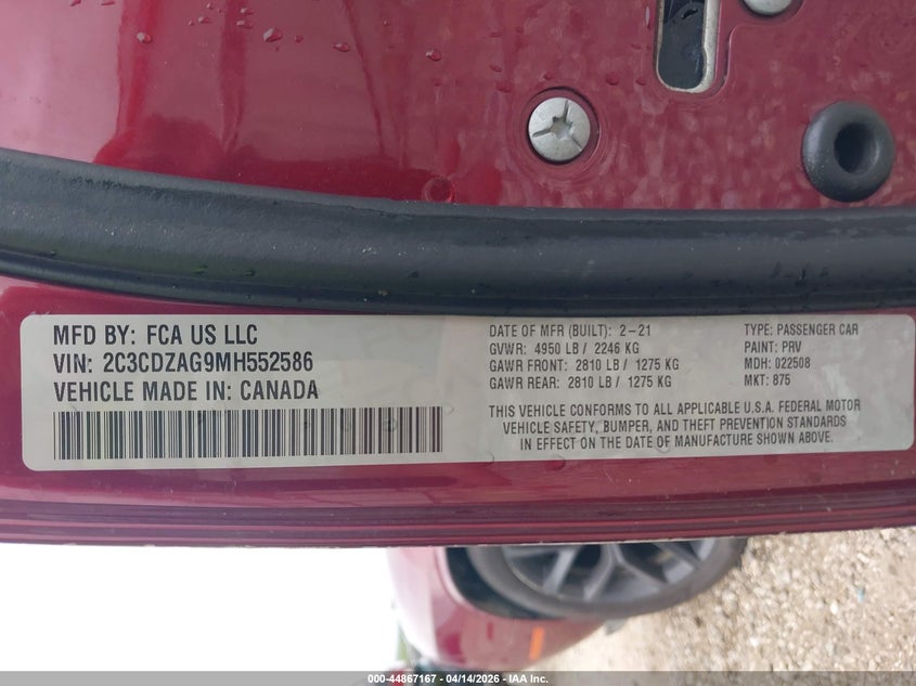 2021 Dodge Challenger Sxt VIN: 2C3CDZAG9MH552586 Lot: 44867167