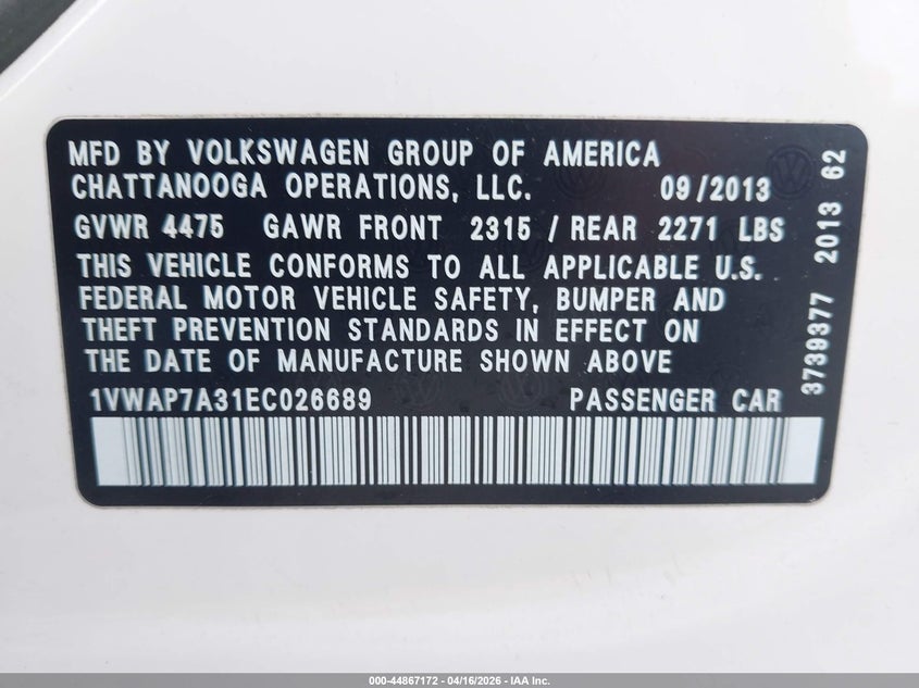 2014 VOLKSWAGEN PASSAT SEDAN 2.5L I-5 DOHC, VVT, 170HP