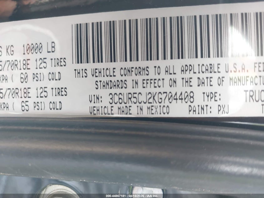 2019 Ram 2500 Tradesman 4X4 6'4 Box VIN: 3C6UR5CJ2KG704408 Lot: 44867181