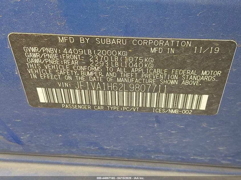 2020 Subaru Wrx Limited VIN: JF1VA1H62L9807711 Lot: 44867185