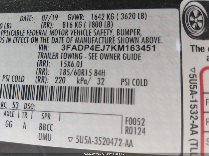 2019 Ford Fiesta Se VIN: 3FADP4EJ7KM163451 Lot: 44867200